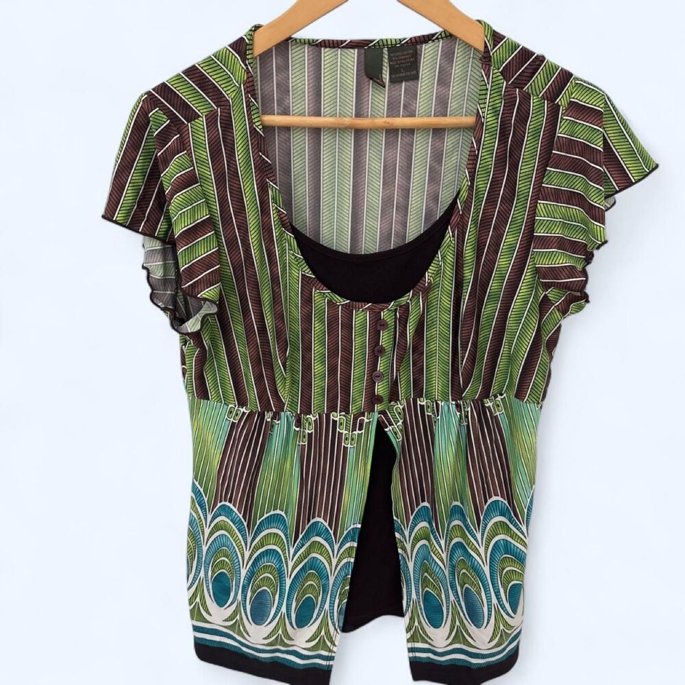 Y2K Sere Nade Green Blue Striped Peacock Blouse Top Size L